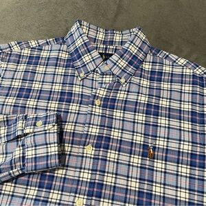 Polo Ralph Lauren Shirt Mens Medium Blue Plaid Button Down Flesh Pony Preppy